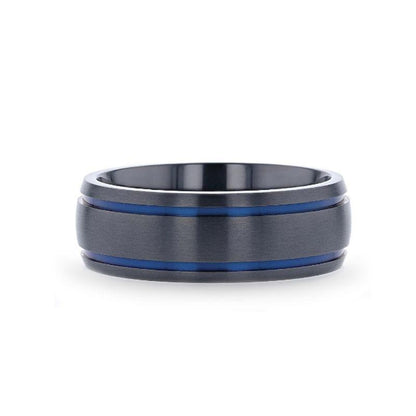 SHERIFF Domed Black Titanium Brushed Finish Men's Wedding Ring with Blue Grooves  8mm