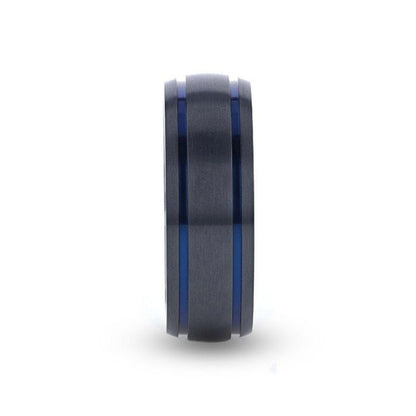 SHERIFF Domed Black Titanium Brushed Finish Men's Wedding Ring with Blue Grooves  8mm