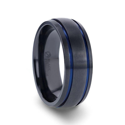 SHERIFF Domed Black Titanium Brushed Finish Men's Wedding Ring with Blue Grooves  8mm - Thorsten Rings