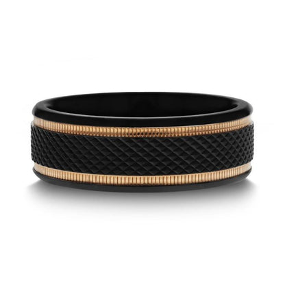 BAROQUE Black Titanium Diamond Pattern Brushed Finish Men's Wedding Ring with Gold Milgrain Grooves  8mm