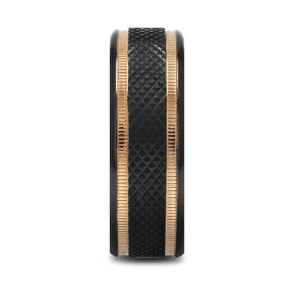 BAROQUE Black Titanium Diamond Pattern Brushed Finish Men's Wedding Ring with Gold Milgrain Grooves  8mm