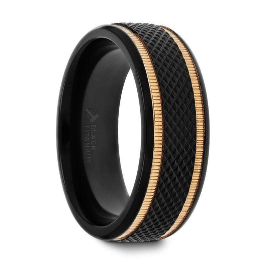 BAROQUE Black Titanium Diamond Pattern Brushed Finish Men's Wedding Ring with Gold Milgrain Grooves  8mm - Thorsten Rings