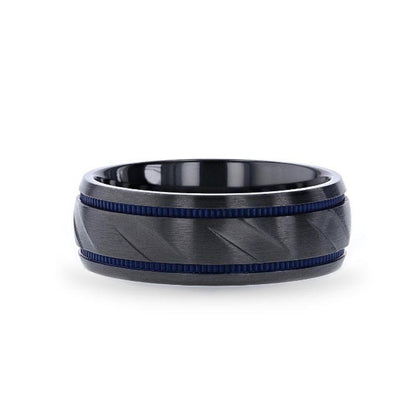 PATROL Black Titanium Carved Diagonal Pattern Brushed Finish Men's Wedding Ring with Blue Milgrain Grooves  8mm