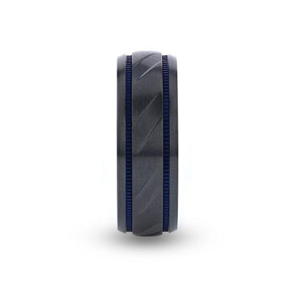 PATROL Black Titanium Carved Diagonal Pattern Brushed Finish Men's Wedding Ring with Blue Milgrain Grooves  8mm
