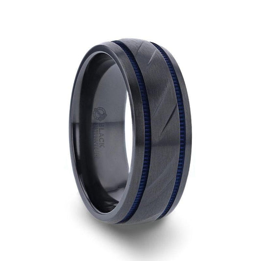 PATROL Black Titanium Carved Diagonal Pattern Brushed Finish Men's Wedding Ring with Blue Milgrain Grooves  8mm - Thorsten Rings