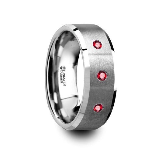 NEREUS Brushed Tungsten Flat Wedding Band with Polished Beveled Edges & Rubies - 8mm - Thorsten Rings