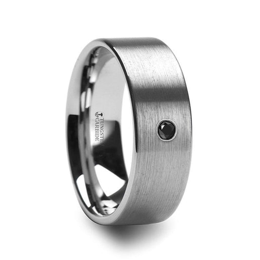 IRENAEUS Flat Brushed Tungsten Men's Wedding Ring with Black Diamond - 6mm & 8mm - Thorsten Rings