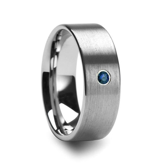 MAVI Men's Brushed Finish Flat Tungsten Wedding Band with Blue Diamond - 6mm & 8mm