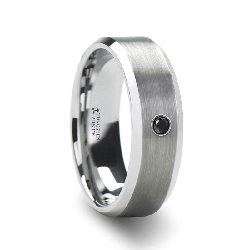 LYSANDRA Men's Black Diamond Brushed Tungsten Wedding Band with Polished Beveled Edges - 6mm & 8mm - Thorsten Rings