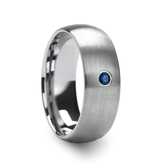 MELANTHIOS Men's Domed Brushed Tungsten Wedding Ring with Blue Diamond Center - 6mm & 8mm - Thorsten Rings