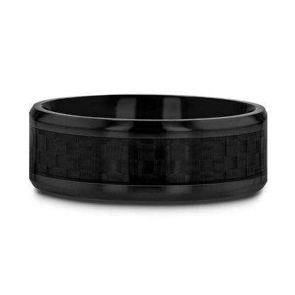OXYN Black Titanium Polished Beveled Edges Black Carbon Fiber Inlaid Men's Wedding Band - 6mm & 8mm