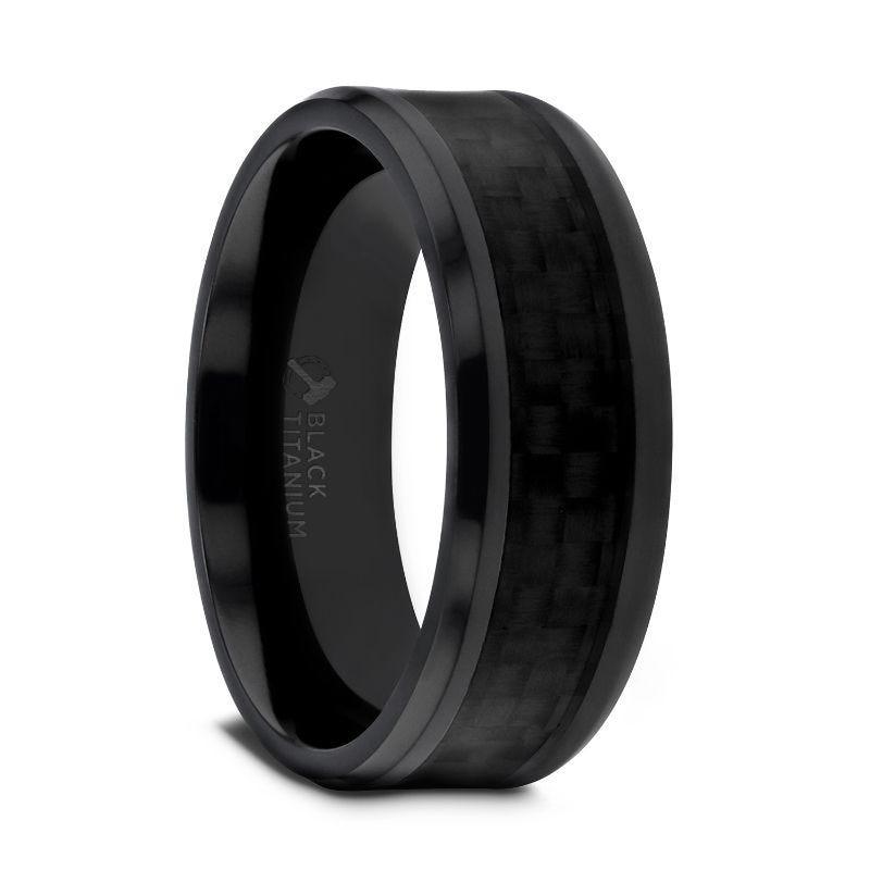 OXYN Black Titanium Polished Beveled Edges Black Carbon Fiber Inlaid Men's Wedding Band - 6mm & 8mm - Thorsten Rings