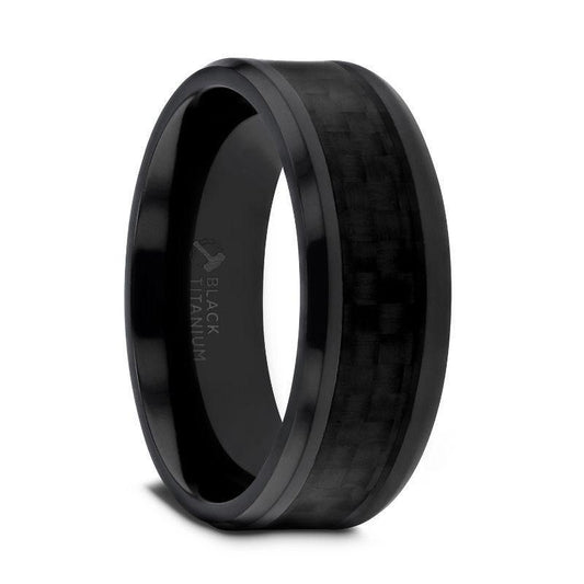 OXYN Black Titanium Polished Beveled Edges Black Carbon Fiber Inlaid Men's Wedding Band - 6mm & 8mm - Thorsten Rings
