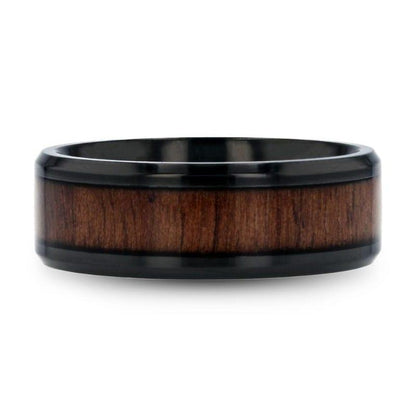KONY Black Titanium Polished Beveled Edges Black Walnut Wood Inlaid Men's Wedding Ring - 6mm & 8mm