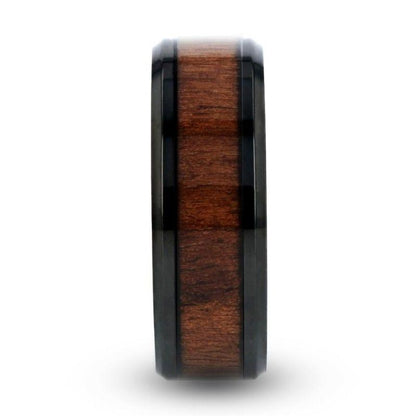 KONY Black Titanium Polished Beveled Edges Black Walnut Wood Inlaid Men's Wedding Ring - 6mm & 8mm