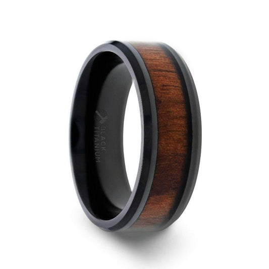 KONY Black Titanium Polished Beveled Edges Black Walnut Wood Inlaid Men's Wedding Ring - 6mm & 8mm - Thorsten Rings