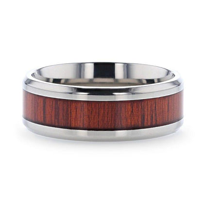 NORRO Titanium Polished Beveled Edges Padauk Wood Inlaid Men's Wedding Band - 6mm & 8mm