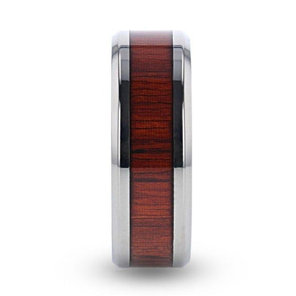 NORRO Titanium Polished Beveled Edges Padauk Wood Inlaid Men's Wedding Band - 6mm & 8mm