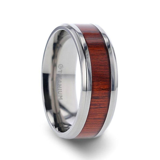 NORRO Titanium Polished Beveled Edges Padauk Wood Inlaid Men's Wedding Band - 6mm & 8mm - Thorsten Rings