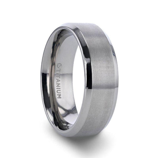 SHIRE Titanium Brushed Center Men's Flat Wedding Ring with Polished Beveled Edges - 6mm & 8mm - Thorsten Rings
