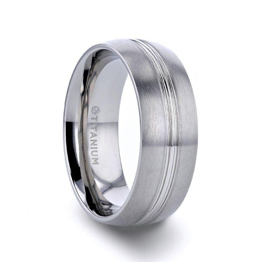 UPTON Titanium Brushed Finish Men's Wedding Ring with Polished Grooved Center - 8mm - Thorsten Rings