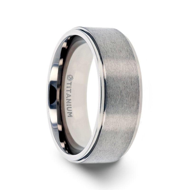 RHINOX Brushed Raised Center Men's Titanium Wedding Ring with Polished Step Edges - 6mm & 8mm - Thorsten Rings