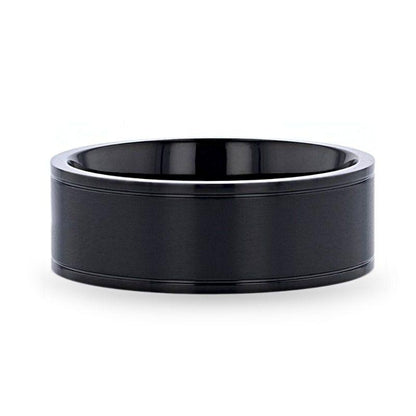 WOLFGANG Black Titanium Brushed Finish Men's Wedding Ring with Polished Dual Offset Grooves  6mm & 8mm