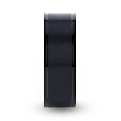 WOLFGANG Black Titanium Brushed Finish Men's Wedding Ring with Polished Dual Offset Grooves  6mm & 8mm