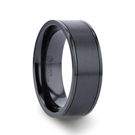 WOLFGANG Black Titanium Brushed Finish Men's Wedding Ring with Polished Dual Offset Grooves  6mm & 8mm - Thorsten Rings
