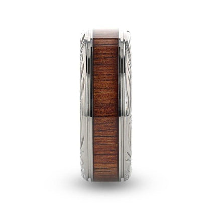 OHANA Koa Wood Inlaid Titanium Men's Wedding Ring with Intricate Edges - 6mm - 10mm