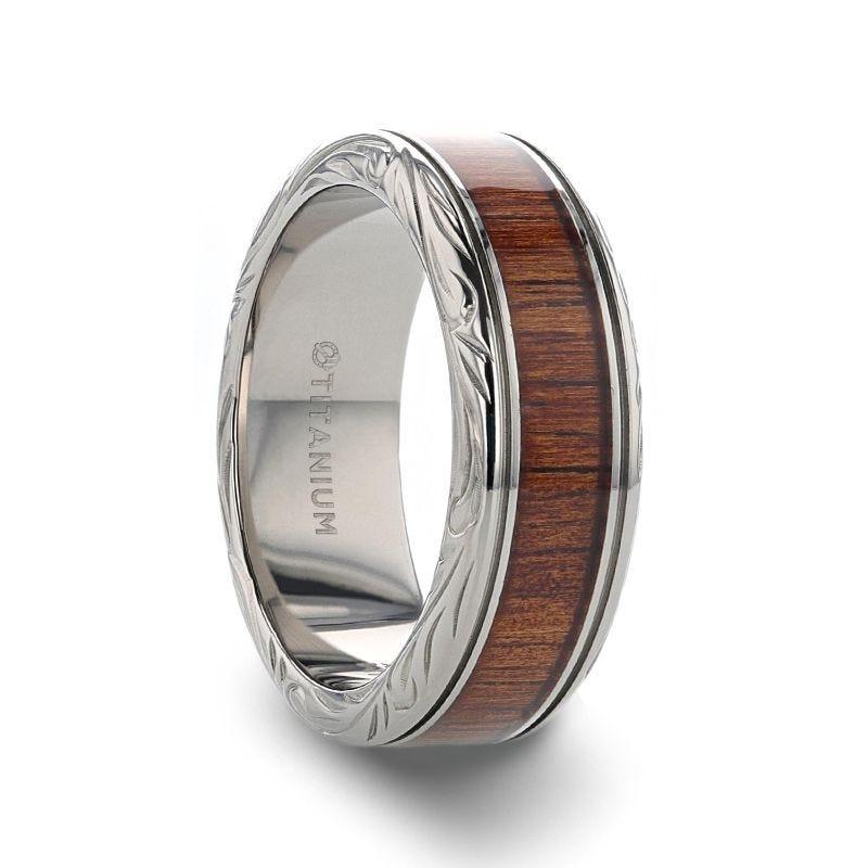 OHANA Koa Wood Inlaid Titanium Men's Wedding Ring with Intricate Edges - 6mm - 10mm - Thorsten Rings