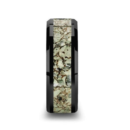 DROGON Light Green Dinosaur Bone Inlaid Black Ceramic Men's Wedding Band with Polished Beveled Edges  8mm