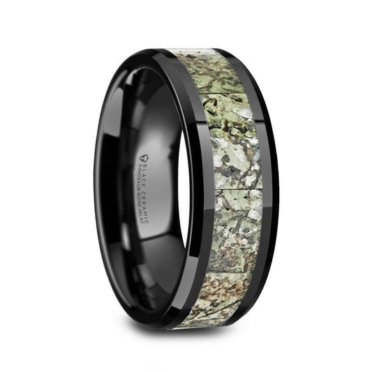DROGON Light Green Dinosaur Bone Inlaid Black Ceramic Men's Wedding Band with Polished Beveled Edges  8mm - Thorsten Rings