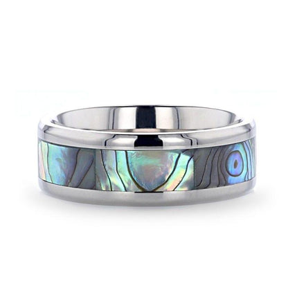 KAUI Titanium Polished Finish Mother Of Pearl Inlaid Men's Beveled Wedding Band - 6mm & 8mm