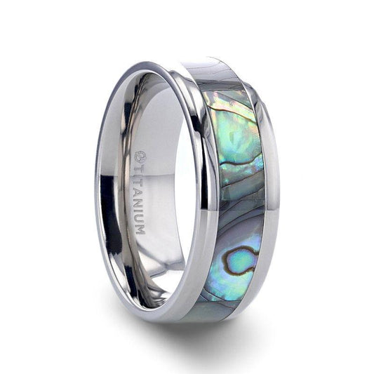 KAUI Titanium Polished Finish Mother Of Pearl Inlaid Men's Beveled Wedding Band - 6mm & 8mm - Thorsten Rings