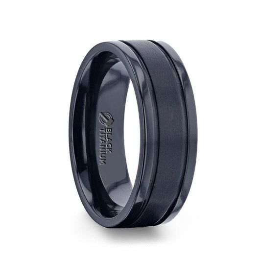 WOLVERINE Brushed Center Black Titanium Men's Wedding Band With Polished Dual Offset Grooves - 8mm - Thorsten Rings