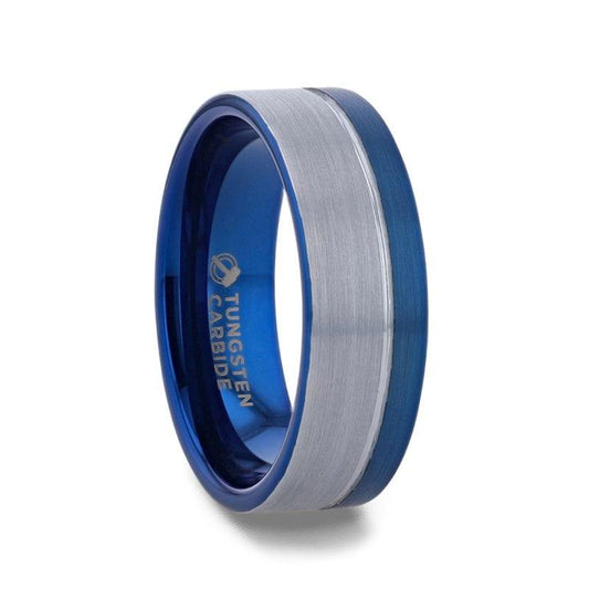 ATLANTIC Duo Color Brushed Center Tungsten Carbide Men's Wedding Band With Blue Ion Plating Inside the Band - 8mm - Thorsten Rings
