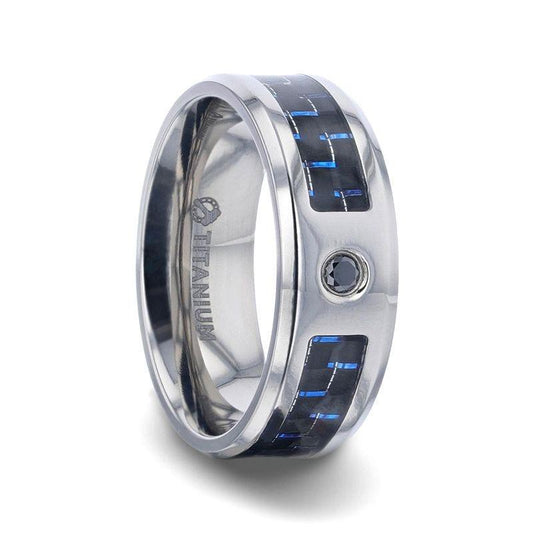 PACIFIC Black And Blue Carbon Fiber Inlaid Titanium Men's Wedding Band With Beveled Polished Edges and Black Sapphire Center Stone - 8mm - Thorsten Rings