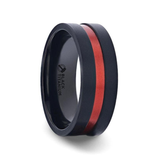 BLAZE Flat Brushed Black Titanium Men's Wedding Band With Red Aluminum Groove Brushed Center - 8mm - Thorsten Rings