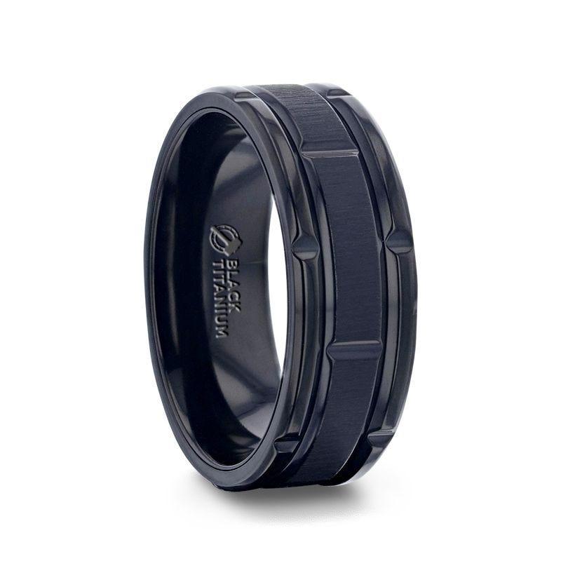 WYNN Alternating Grooves And Horizontal Etched Finish Black Titanium Men's Wedding Band With Alternating Grooved Beveled Polished Edges - 8mm - Thorsten Rings