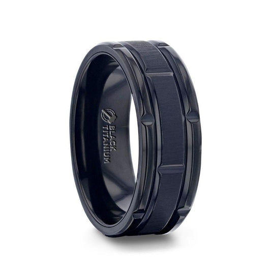 WYNN Alternating Grooves And Horizontal Etched Finish Black Titanium Men's Wedding Band With Alternating Grooved Beveled Polished Edges - 8mm - Thorsten Rings