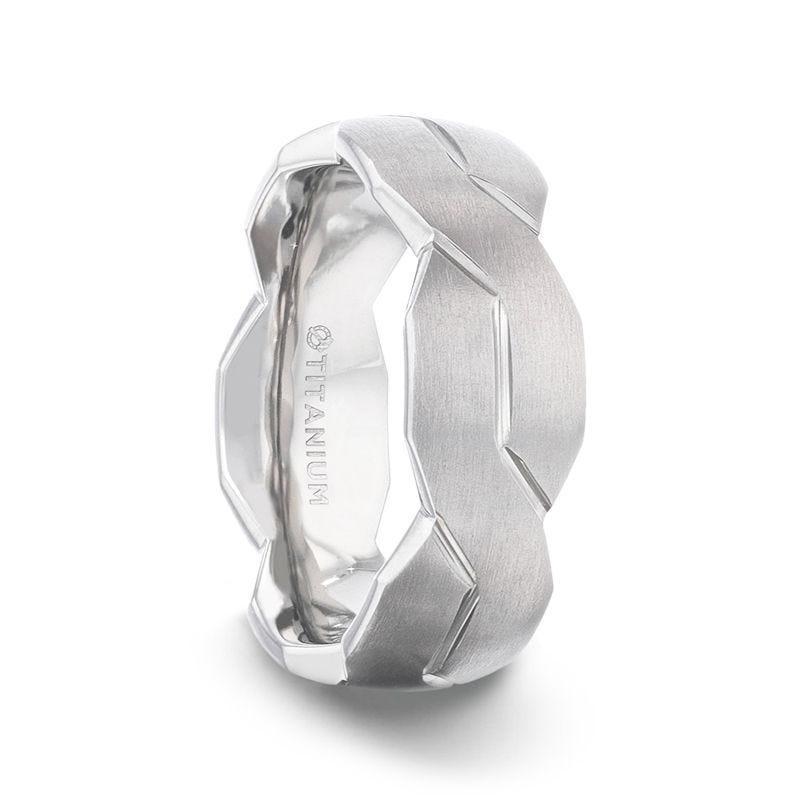 ENDURE Interlocking Infinity Symbol Flat Brushed Titanium Men's Wedding Band With Polished Grooves - 8mm - Thorsten Rings