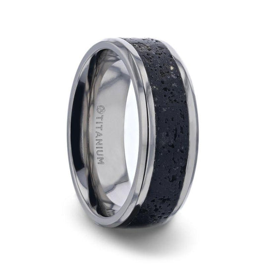 MAUNA Black And Gray Lava Inlaid Titanium Men's Wedding Band With Polished Beveled Edges - 8mm - Thorsten Rings
