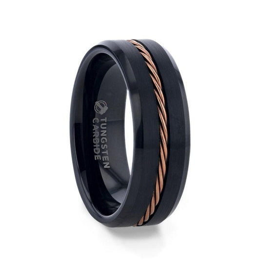 ADELARD Rose Gold Braided Brushed Center Black Tungsten Men's Wedding Band With Polished Beveled Edges - 8mm - Thorsten Rings