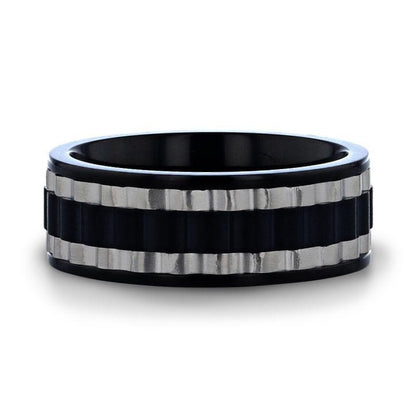 GEAR Two Toned Wavy Centered Brushed Black Titanium Men's Wedding Band With Flat Polished Edges - 8mm