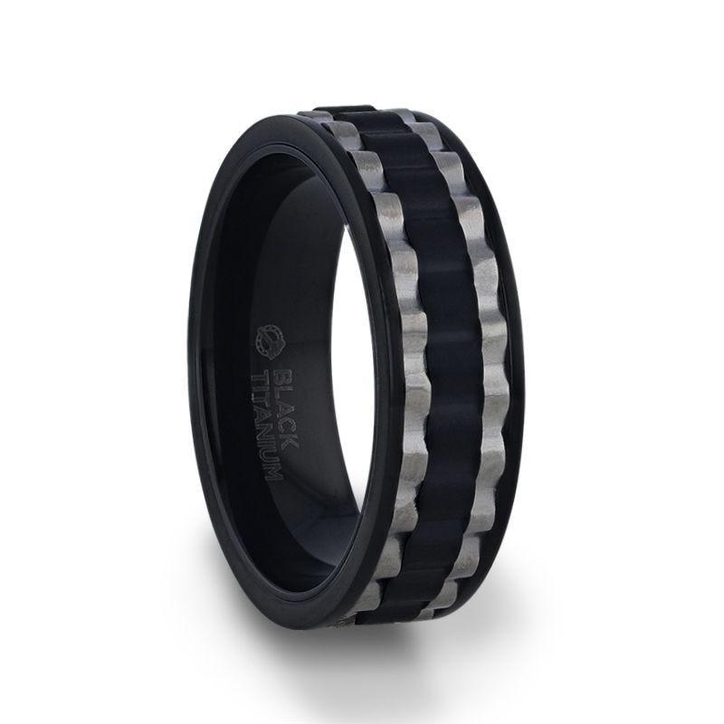 GEAR Two Toned Wavy Centered Brushed Black Titanium Men's Wedding Band With Flat Polished Edges - 8mm - Thorsten Rings