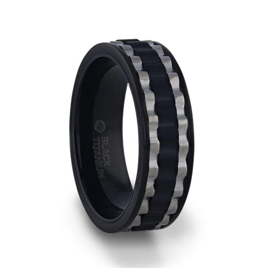 GEAR Two Toned Wavy Centered Brushed Black Titanium Men's Wedding Band With Flat Polished Edges - 8mm - Thorsten Rings