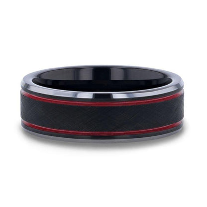 OLIS Wire Finish Centered Black Tungsten Men's Wedding Band With Double Red Stripe Polished Beveled Edges - 8mm