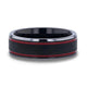 OLIS Wire Finish Centered Black Tungsten Men's Wedding Band With Double Red Stripe Polished Beveled Edges - 8mm