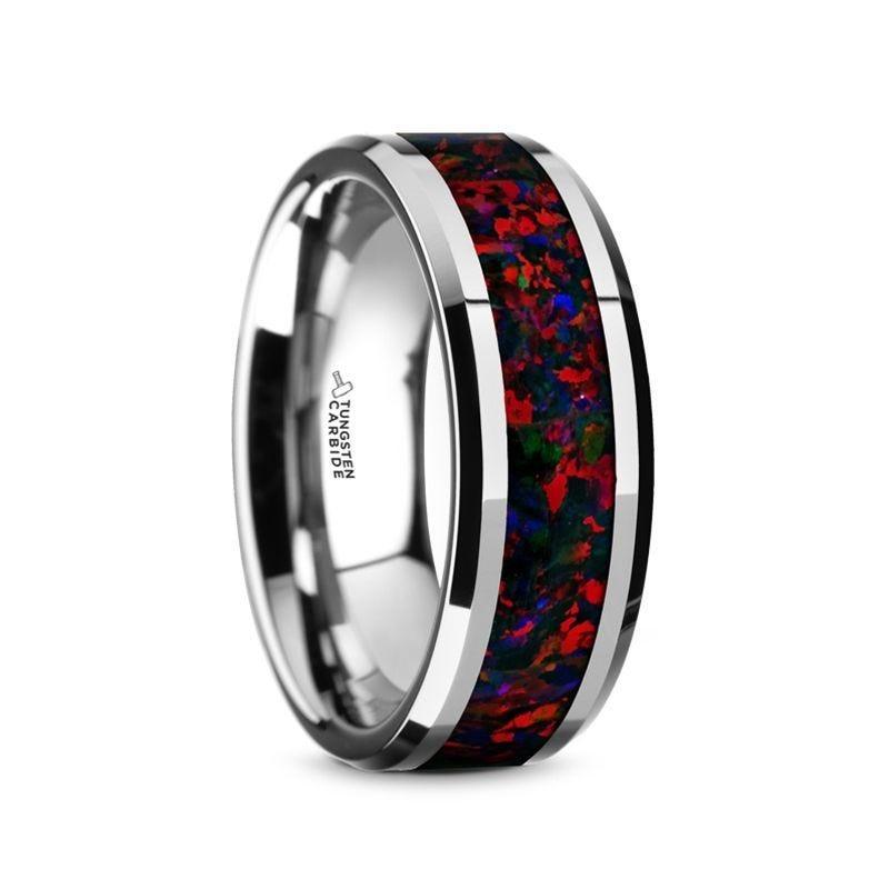 HALLEY Tungsten Carbide Black Opal Inlay Men's Wedding Band with Beveled Edges - 8mm - Thorsten Rings